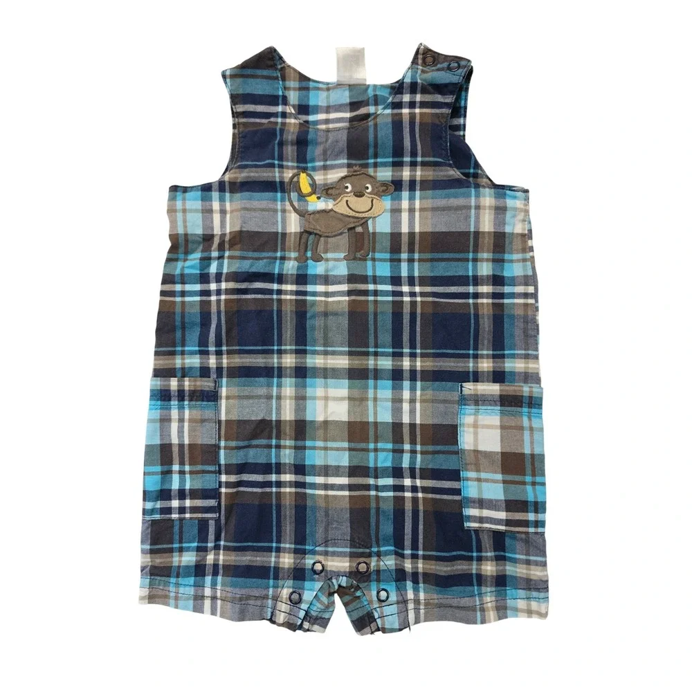 Carters Baby Boys Blue Plaid Monkey Romper 12 Months Sleeveless Snaps Pockets
